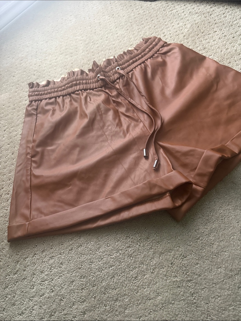 Zenana Outfitters High-Waist Faux Leather Drawstring Shorts - Copper